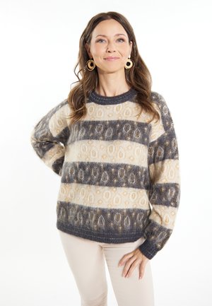 Gestreifter Strickpullover in Beige, Braun und Grau. Mit Rundhalsausschnitt, strukturierten Mustern und gerippten Bündchen mit weicher Verarbeitung.