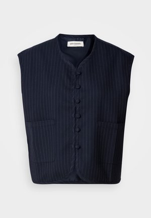 Navyblaues ärmelloses Hemd mit Streifenmuster, Knopfverschluss, Stehkragen und zwei vorderen Taschen. Weicher Stoff, strukturierte Form.