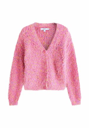 Rosa fluffiger Cardigan mit V-Ausschnitt, langen Ärmeln und strukturierter Oberfläche. Verfügt über mehrfarbige Sprenkel im weichen Material.