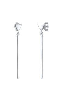 Silberne hängende Ohrringe mit einem dreieckigen Stecker und einem langen, schlanken Fuß. Die glatte Oberfläche und das polierte Finish verstärken die reflektierende Qualität.