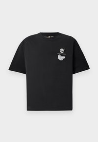 Black cotton t-shirt with short sleeves, featuring a white logo and graphic design on the chest. Simple, relaxed fit.