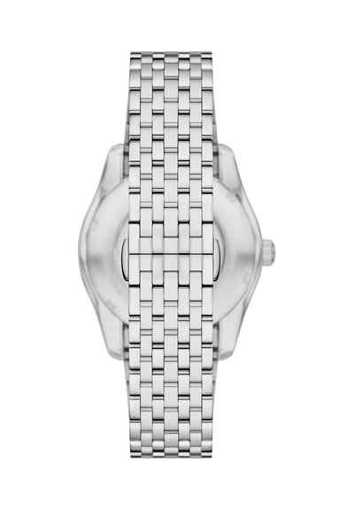 Edelstahluhr mit poliertem Gliederarmband und sichtbarer Krone, von hinten gezeigt.