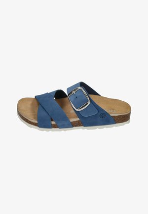 Blue suede slide sandal with two overlapping straps, a silver buckle accent, and a cork footbed on a white rubber sole.