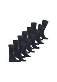 Calcetines negros hasta la rodilla dispuestos en una fila, hechos de una tela suave y elástica. Cada par cuenta con una punta reforzada y un puño cómodo.