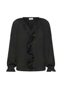 Blusa nera realizzata in tessuto morbido, con un davanti arricciato, maniche lunghe con polsini arricciati e scollatura rotonda.