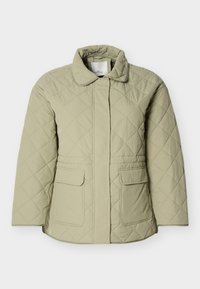 Φωτεινό πράσινο μπουφάν με καπιτονέ σχέδιο, γιακά, δύο τσέπες μπροστά και ίσια γραμμή. Κατασκευασμένο από λείο, ελαφρώς γυαλιστερό υλικό.