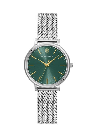 Zegarek na nadgarstek z srebrną siateczkową bransoletą, zieloną tarczą, złotymi indeksami godzin i wskazówkami, wskazujący godzinę 10:08:35, z nazwą marki Pierre Lannier poniżej godziny 12.