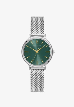 Ročna ura z jeklenim srebrnim paščkom in zelenim številčnico, z zlatimi kazalci za ure in minute, ki kaže čas 10:08:35, blagovna znamka Pierre Lannier pod 12. uro.