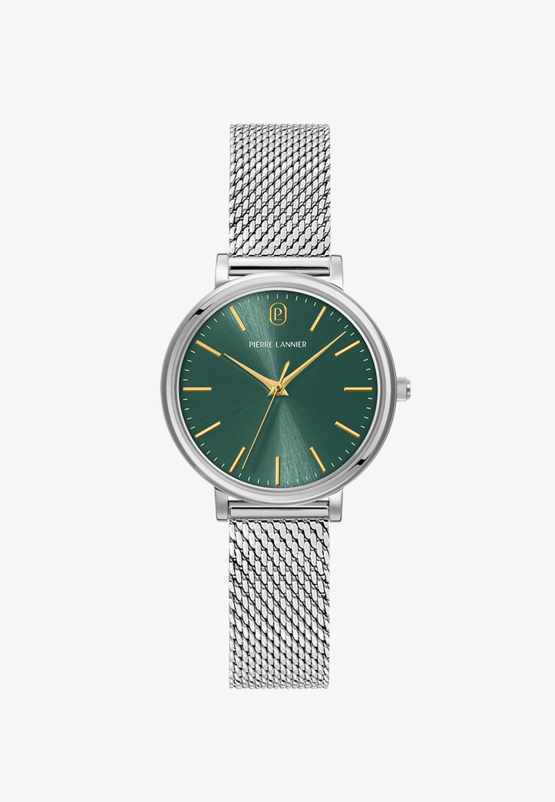Hopeinen verkkorannekkeen rannekello, jossa vihreä kellotaulu, kullanväriset tunti- ja viisariosoittimet, kellonaika 10:08:35, brändinimi Pierre Lannier kohdassa klo 12 alapuolella.