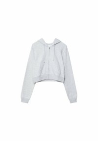 Sudadera gris recortada con cremallera frontal, capucha con cordón y bolsillos laterales. Hecha de una tela suave, con puños y dobladillo acanalados.