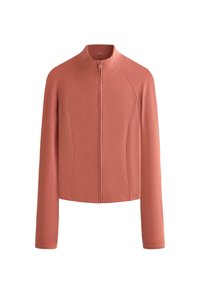 Veste longue en terre cuite à manches longues avec fermeture éclair frontale et col haut, dotée de coutures ajustées et d'une texture de tissu lisse.