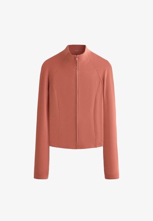 Terrakottafarbene Jacke mit langen Ärmeln, Frontreißverschluss und hohem Kragen, mit figurbetonten Nähten und glatter Stoffstruktur.