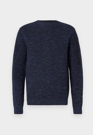 Herren Langarmpullover in Dunkelblau mit subtiler Melange-Optik, geripptem Rundausschnitt, Bündchen und Saum.