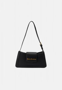 Fekete téglalap alakú válltáska állítható pánttal és arany "Juicy Couture" logóbetűzéssel ellátott fedéllel.