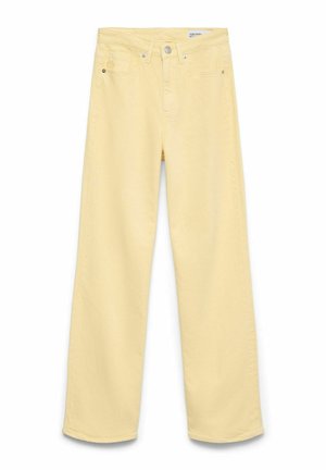 Jean large taille haute jaune pâle avec cinq poches, bouton avant et fermeture éclair, étalé à plat sur un fond blanc.