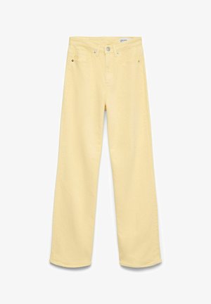 Lysegule, høytlivs, vide bukser med fem lommer, knapp foran og glidelåslukking, lagt flatt på en hvit bakgrunn.