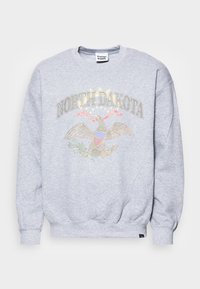 Sudadera gris con puños y dobladillo de canalé, que presenta un diseño bordado de un águila y el texto "NORTH DAKOTA" en hilos multicolores.