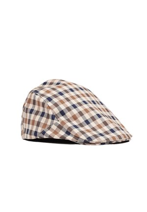 Cappellino piatto con motivo a quadri nei colori beige, marrone, blu navy e crema, mostrato su sfondo bianco.
