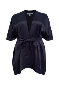 Robe en satin bleu marine style kimono avec manches courtes, ceinture nouée à la taille et col en V. Texture douce et forme fluide.
