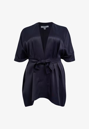 Robe en satin bleu marine style kimono avec manches courtes, ceinture nouée à la taille et col en V. Texture douce et forme fluide.