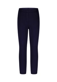 Marineblauwe leggings van rekbare stof, met een aansluitende pasvorm, elastische tailleband en twee voorzakken. Glad oppervlak doorheen.
