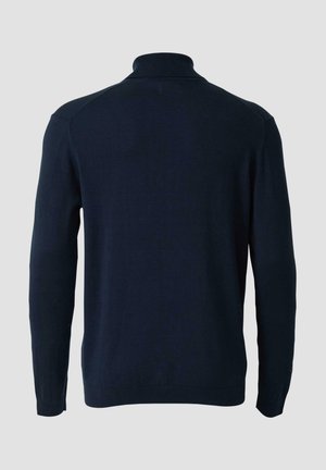 Dunkelblauer Pullover mit hohem Kragen, langen Ärmeln, gerippten Bündchen und Saum. Glatte Textur, schlichtes Design, keine sichtbaren Muster oder Akzente.