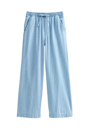 Pantaloni ampi color azzurro chiaro con elastico in vita e coulisse, tasche frontali e vestibilità casual e ampia.