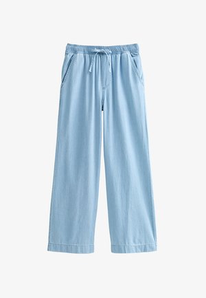 Light blue wide-leg pants with elastic waistband and drawstring, front pockets, and casual loose fit.