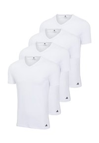 White v-neck t-shirts, short sleeves, made of cotton blend, featuring small black logo accents near the hem. Set of four shirts.