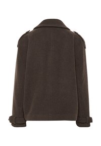 Veste en laine brun foncé avec un large col, épaulettes et sangles à boucle ajustables aux poignets, vue de l'arrière.