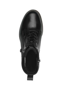 Bottine en cuir noir avec un bout arrondi, laçage à l'avant, zip sur le côté et languette à l'arrière. Texture lisse et couleur unie.