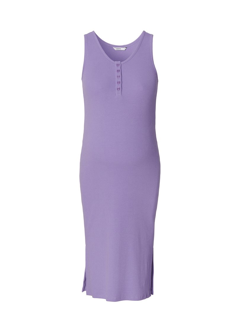 Lila, ärmlös midi klänning i ribbad tyg med rundad halsringning och en fem-knapplång öppning; har slitsar på sidorna vid fållen.
