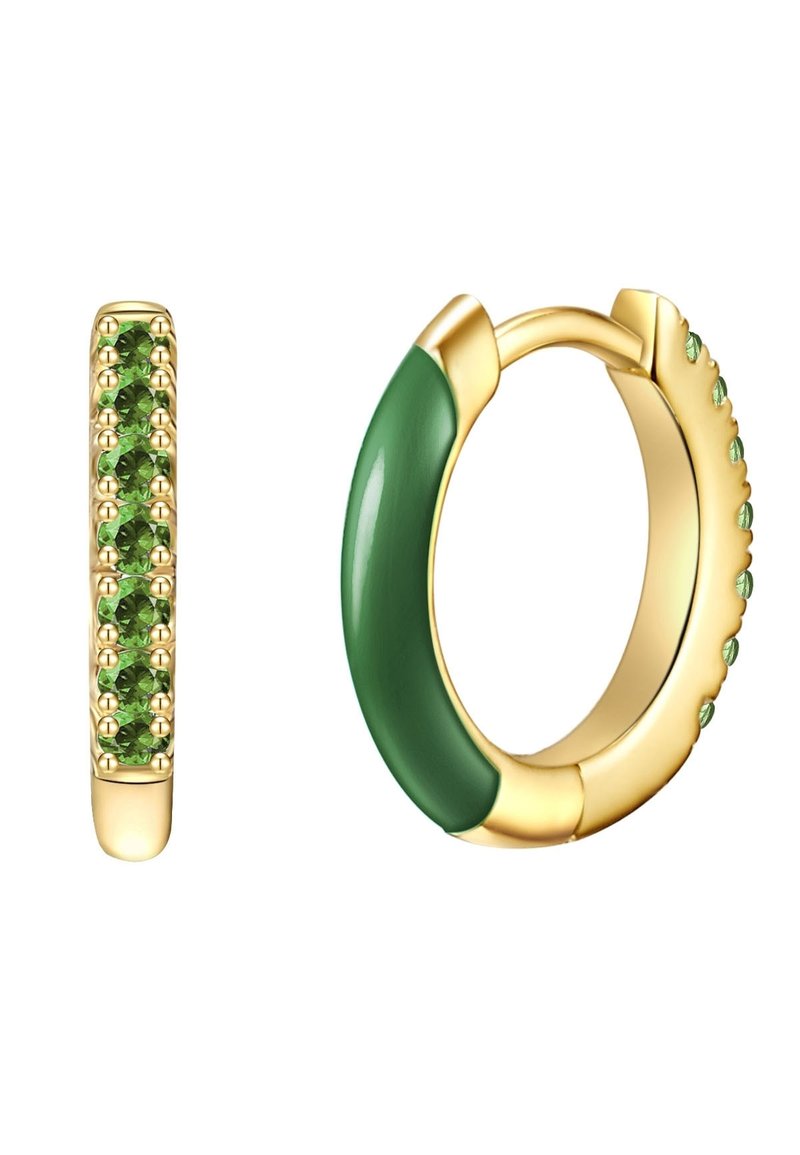 Zelta apliķa auskaru dizains ar zaļiem emaljas akcentiem un vienā stilā izvietotu zaļu akmeņu rindu. Gluda un teksturēta apdare, pulēta metāla virsma.