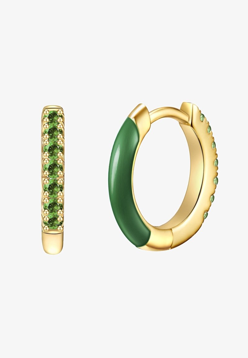 Zelta apliķa auskaru dizains ar zaļiem emaljas akcentiem un vienā stilā izvietotu zaļu akmeņu rindu. Gluda un teksturēta apdare, pulēta metāla virsma.