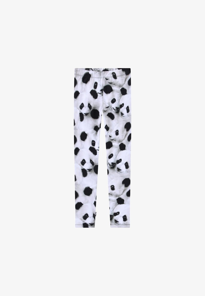 Rugalmas anyagból készült leggings fekete-fehér panda mintával, változatos arckifejezésekkel és jellegzetes fekete mintákkal.