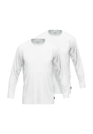 Two long-sleeve white T-shirts made from soft cotton. Crew neck design with a straight hem and tag at the side. No patterns or embellishments.