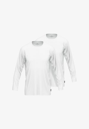 Zwei langärmelige weiße T-Shirts aus weicher Baumwolle. Rundhalsausschnitt mit geradem Saum und Etikett an der Seite. Keine Muster oder Verzierungen.