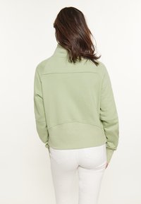 Felpa verde chiaro a maniche lunghe con colletto alto, caratterizzata da un design cropped e dettagli di cuciture testurizzate sul retro.
