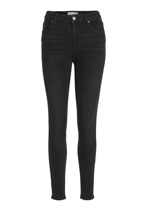 Zwarte skinny jeans van denim, met een knoopsluiting, vijf zakken en een gladde, licht beschadigde structuur.
