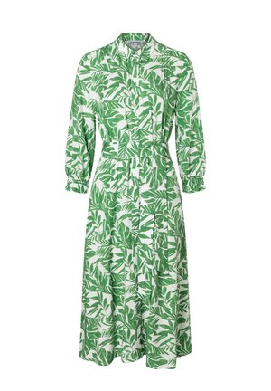 Weißes Midikleid mit langen Ärmeln, grünem Blattmuster, Knopfleiste vorne, Kragen und einem passenden Stoffgürtel in der Taille.