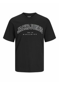 T-shirt en coton noir à manches courtes, avec une impression courbée blanche : "JACK&JONES EST. 90 WORLDWIDE" centrée à l'avant.