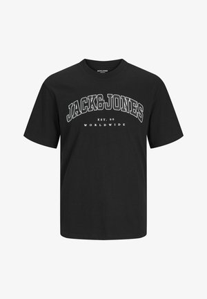 Schwarzes Baumwoll-T-Shirt mit kurzen Ärmeln, mit einem weißen, gewölbten Aufdruck: "JACK&JONES EST. 90 WORLDWIDE" zentriert auf der Vorderseite.