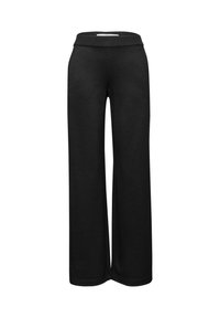 Zwarte broek met wijde pijpen, gemaakt van een zachte, rekbare stof met een gladde tailleband en zonder zichtbare hardware of patronen.
