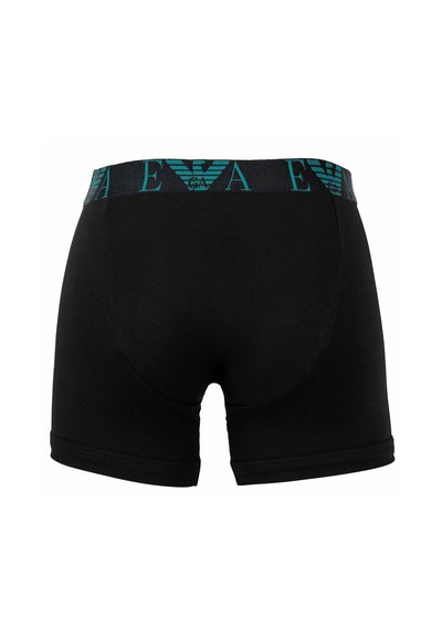 Zwarte boxershorts met een effen design, uitgerust met een teal gekleurde merkaanzet en een gladde textuur. Geen opvallende patronen of accenten.