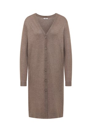 Langer, knöpfbarer Cardigan aus weichem braunem Strickstoff. Mit V-Ausschnitt, langen Ärmeln und gerippten Bündchen, in gerader Silhouette.