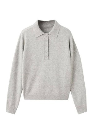 Pull polo en cachemire gris avec col à revers, patte de boutonnage et poignets et ourlet côtelés. Texture douce, coupe décontractée.