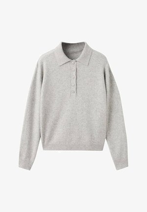 Pull polo en cachemire gris avec col à revers, patte de boutonnage et poignets et ourlet côtelés. Texture douce, coupe décontractée.