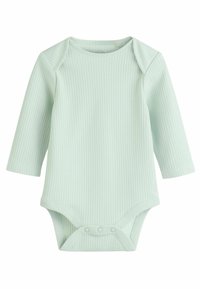 Body per neonato a maniche lunghe di colore verde menta, realizzato in tessuto a costine, con chiusura a pressione sul fondo e scollatura rotonda.