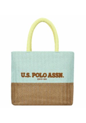 Lichtblauwe en bruine tote bag met een visgraattextuur. Gele handvatten en het "U.S. POLO ASSN." logo in bruin gestikt.