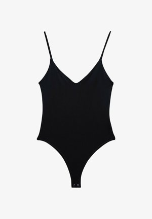 Mustassa yksiöinen uimapuku, jossa on V-mallinen kaula-aukko, ohuet hihnat ja saumaton muotoilu. Sisältää matalan selkäosan ja napitus alhaalla. Sileä pinta.